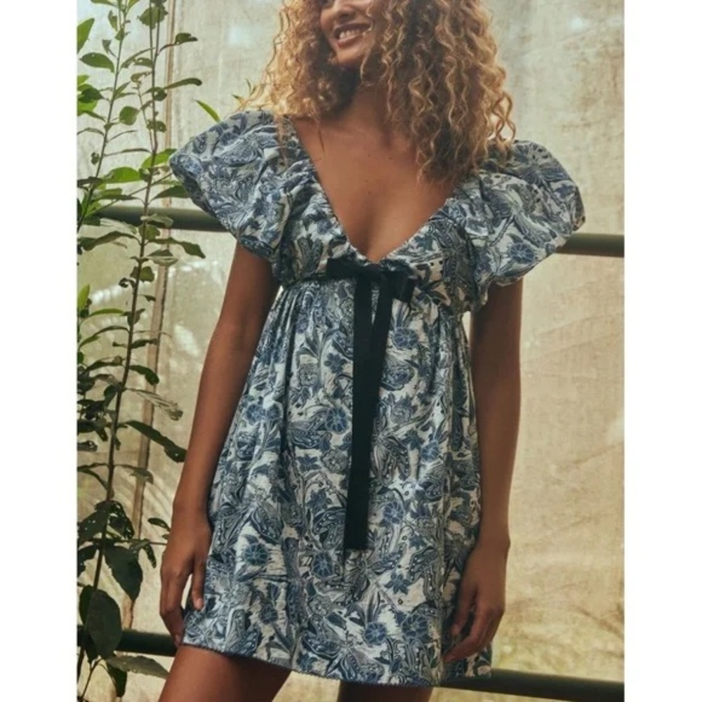 Agua by Agua Bendita Blue Floral Puff-Sleeve Mini Dress with Tie